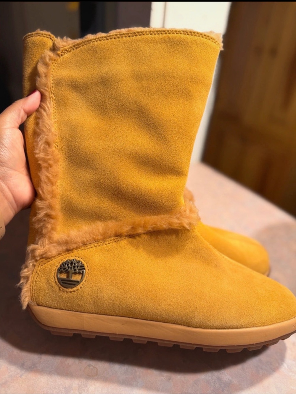 Timberland women’s Tall Shearling-Trim Suede Boots in Mustard Yellow - Picture 2 of 7